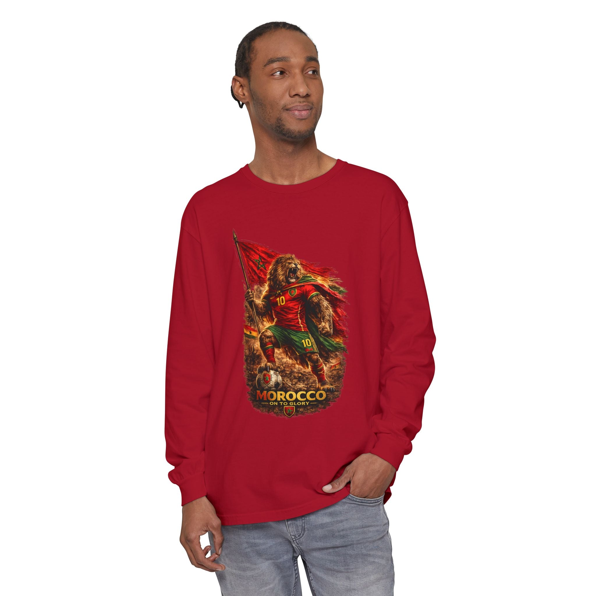 Morocco Lion Flag Long Sleeve T-Shirt — Retro Football Fan Tee