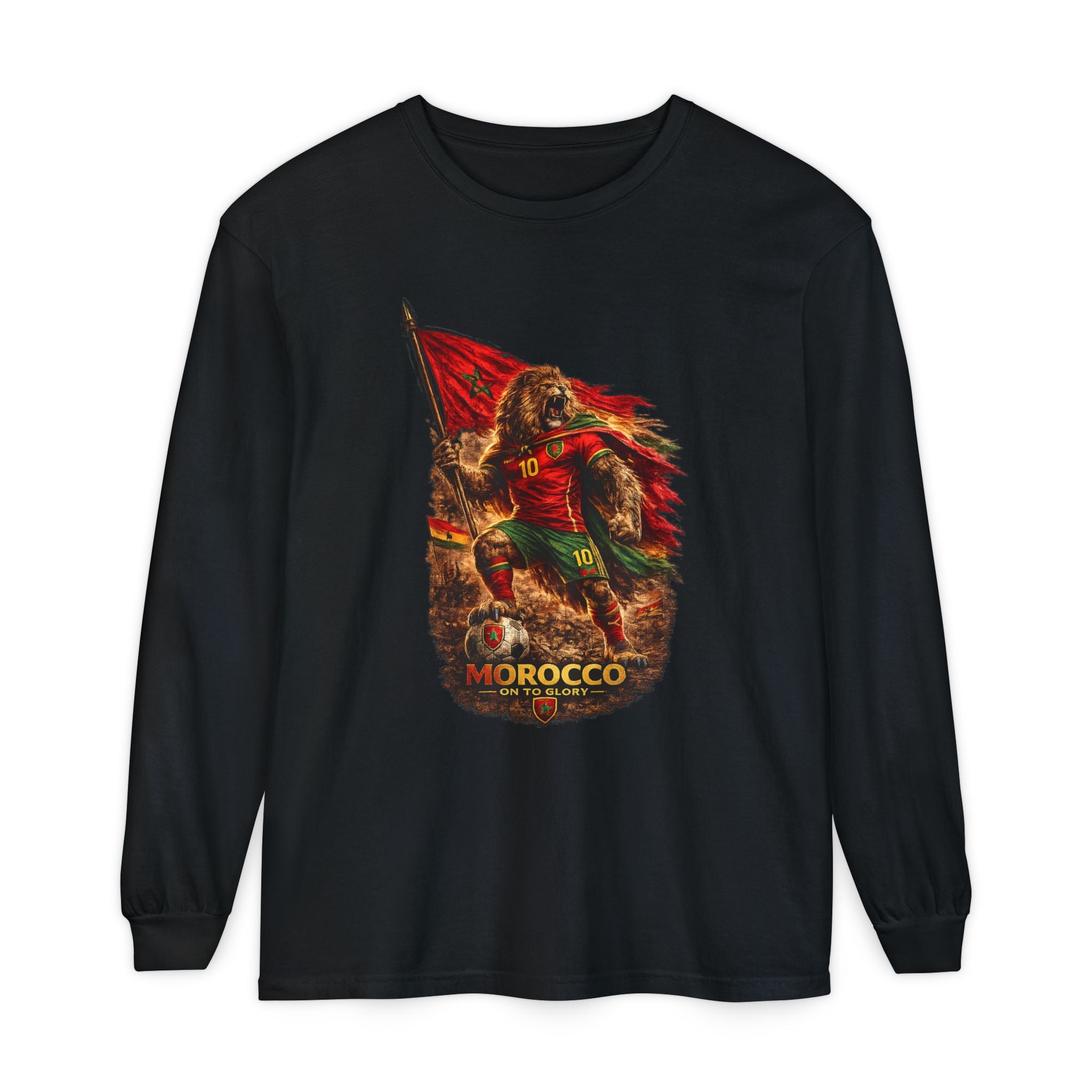 Morocco Lion Flag Long Sleeve T-Shirt — Retro Football Fan Tee