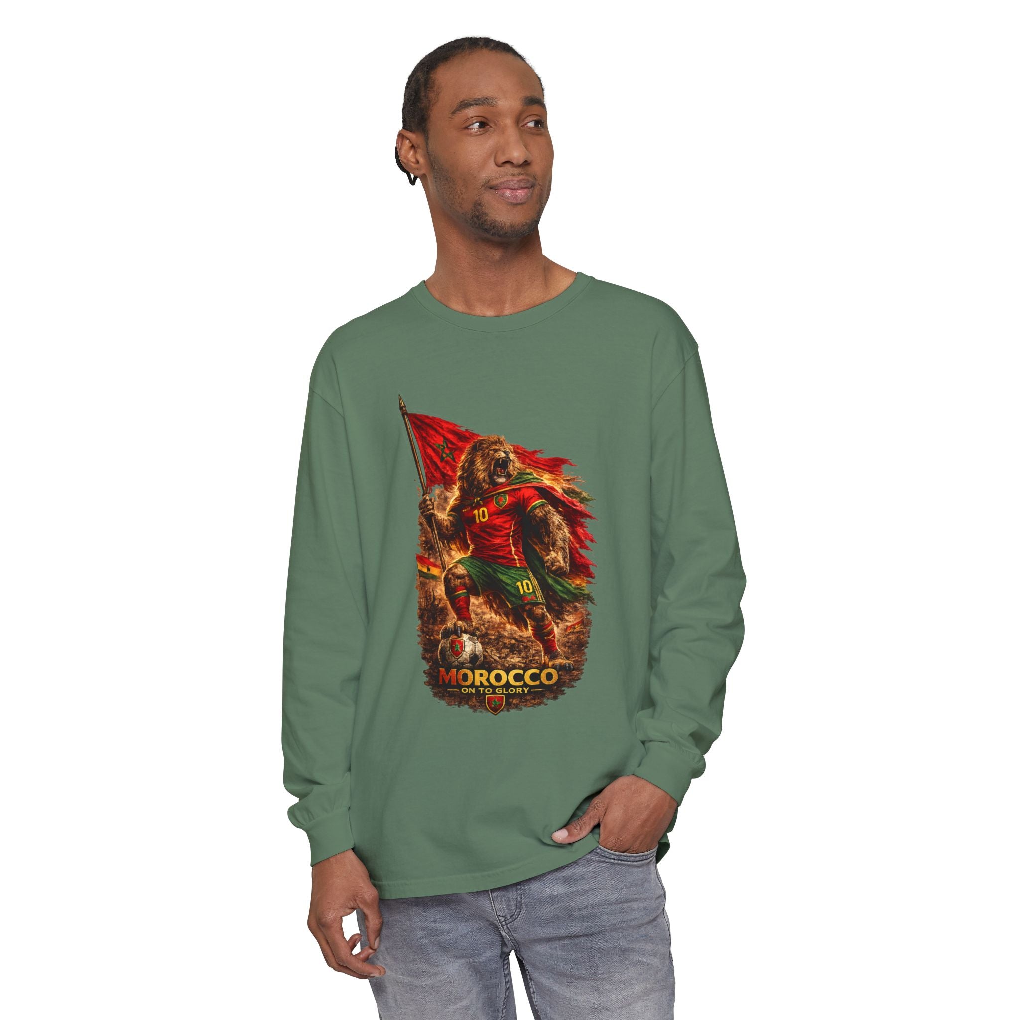Morocco Lion Flag Long Sleeve T-Shirt — Retro Football Fan Tee